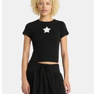 No Boundaries Black Tee with White Star with black skirt.